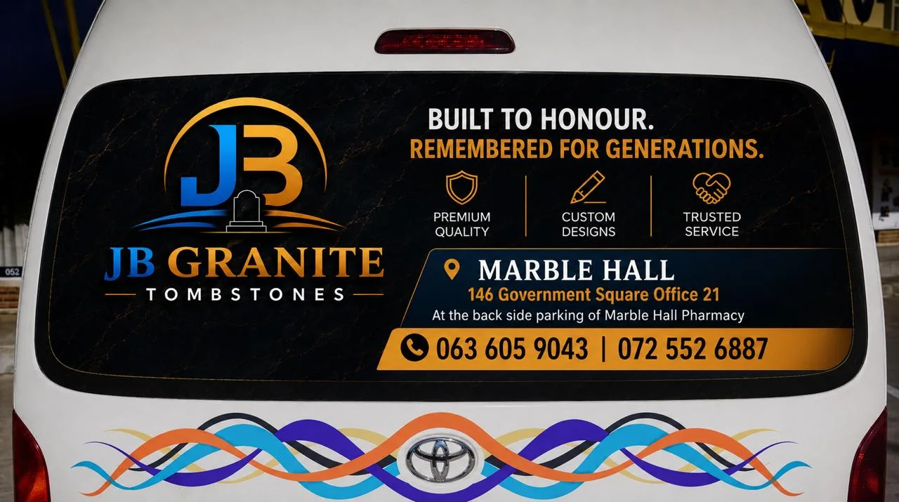 JB Granite workshop van with branding, Marble Hall address and contact numbers